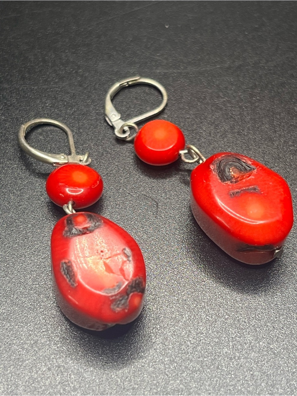 Dyed Bamboo Coral Dangle Earrings Red Coral Bead Leverback Hooks